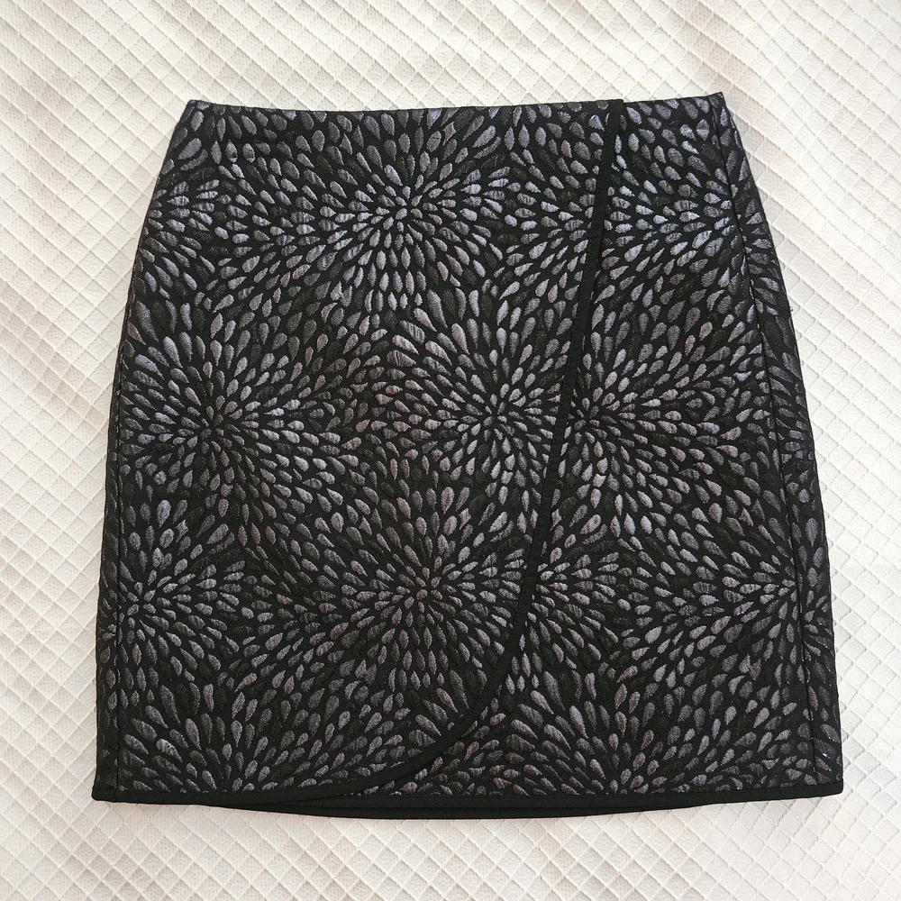 LOFT Petite Black Metallic Patterned Faux Wrap Mini Skirt - Picture 2 of 9